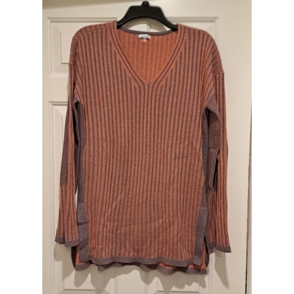 Smartwool Woman's Size L Orange/Gray V-Neck Long Sleeve Sweater Ribbed Stretch - Picture 1 of 11